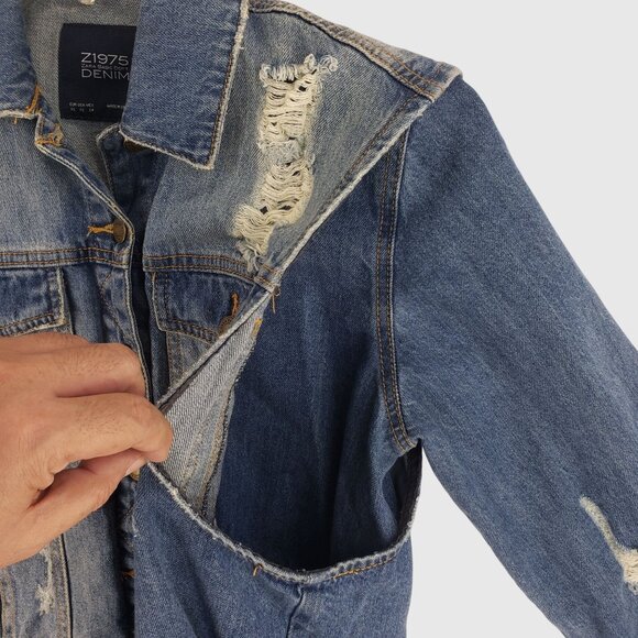 ZARA Distressed Denim Jacket With Frayed Hem & Rips Womens XS - Picture 5 of 14